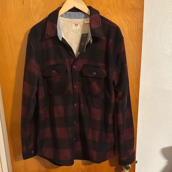 Levis Shirt Jacket Mens Medium Fleece Sherpa Lined Red Plaid - Picture 1 of 3